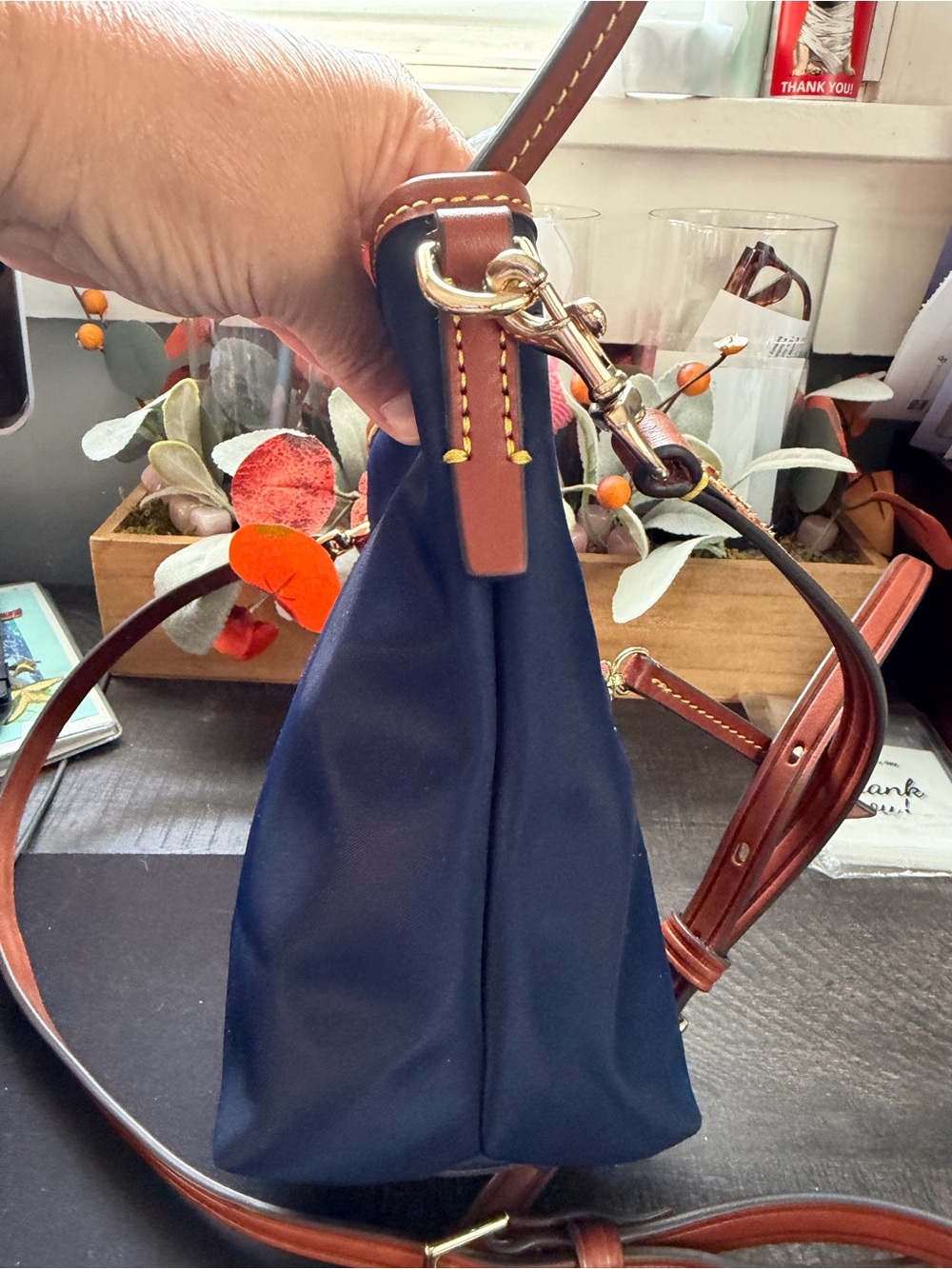 Dooney & Bourke Navy Crossbody with Brown Leather Trim and Red Accent - Picture 10 of 14